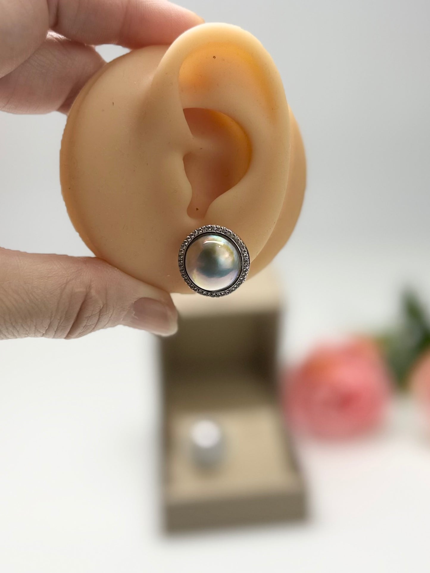 Silvery-Golden Mabe Pearl Stud Earrings with Iridescent Overtones