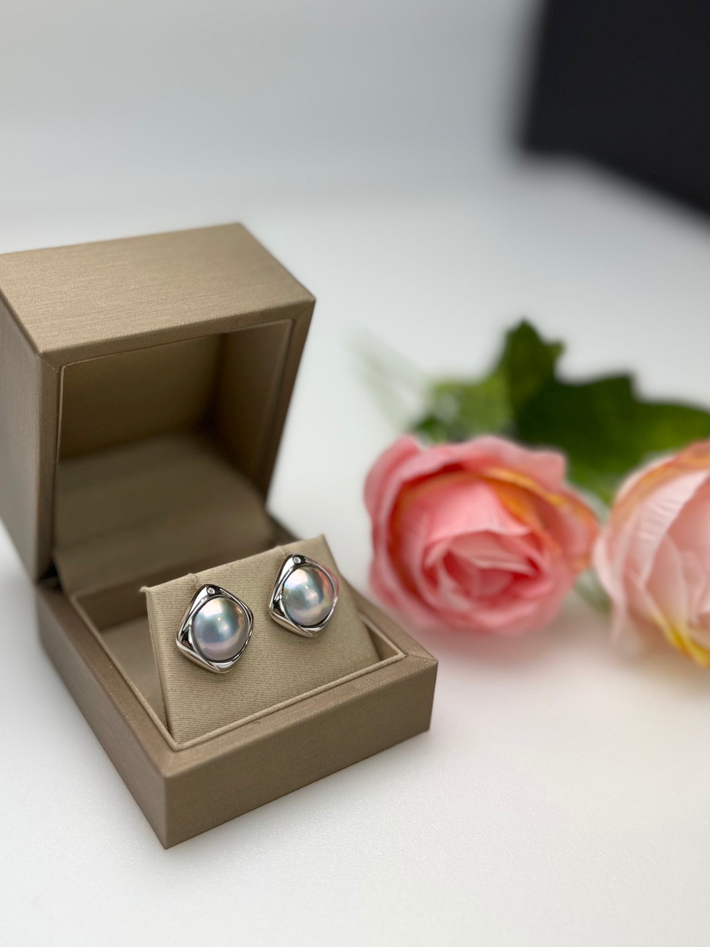 Modern Square Mabe Pearl Stud Earrings in Silvery-Blue with Iridescent Overtones