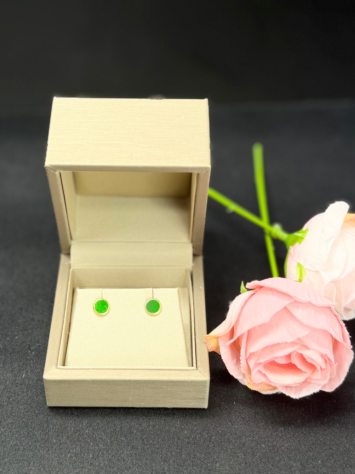Natural Grade A Elegant Green Jadeite Stud Earrings.