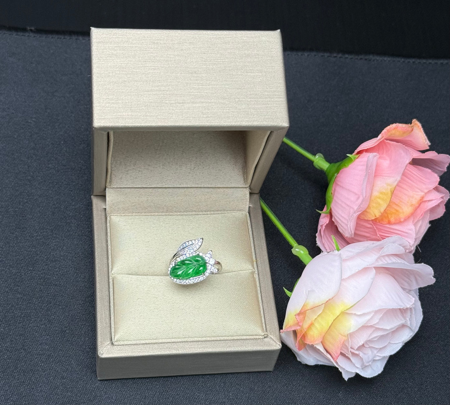 Natural Grade A Carved Leaf Green Jadeite Ring with Diamond-like Leaf Accent.