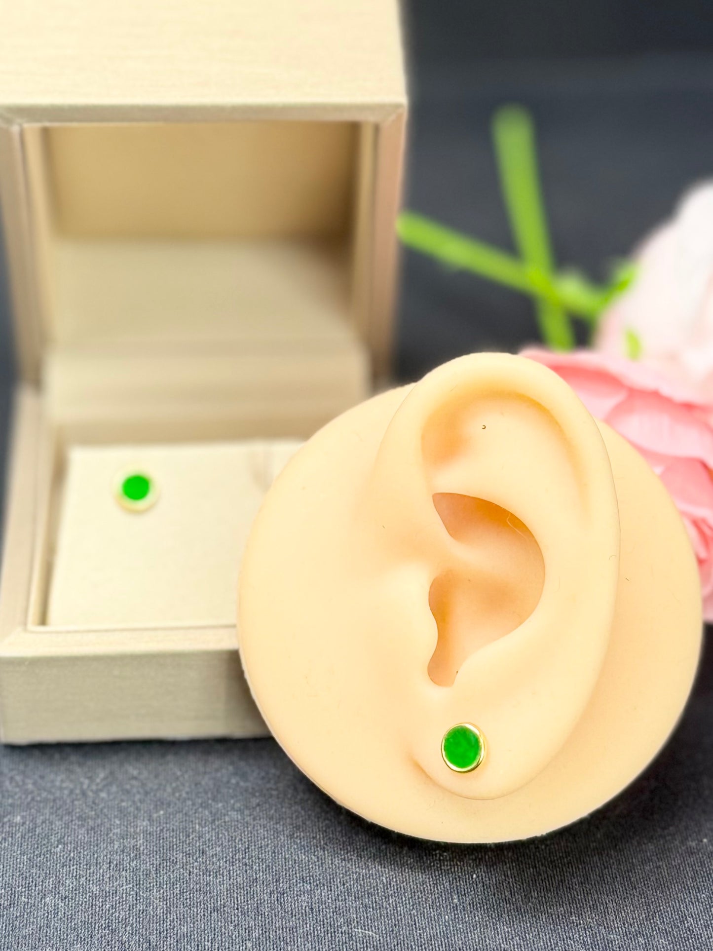 Natural Grade A Elegant Green Jadeite Stud Earrings.