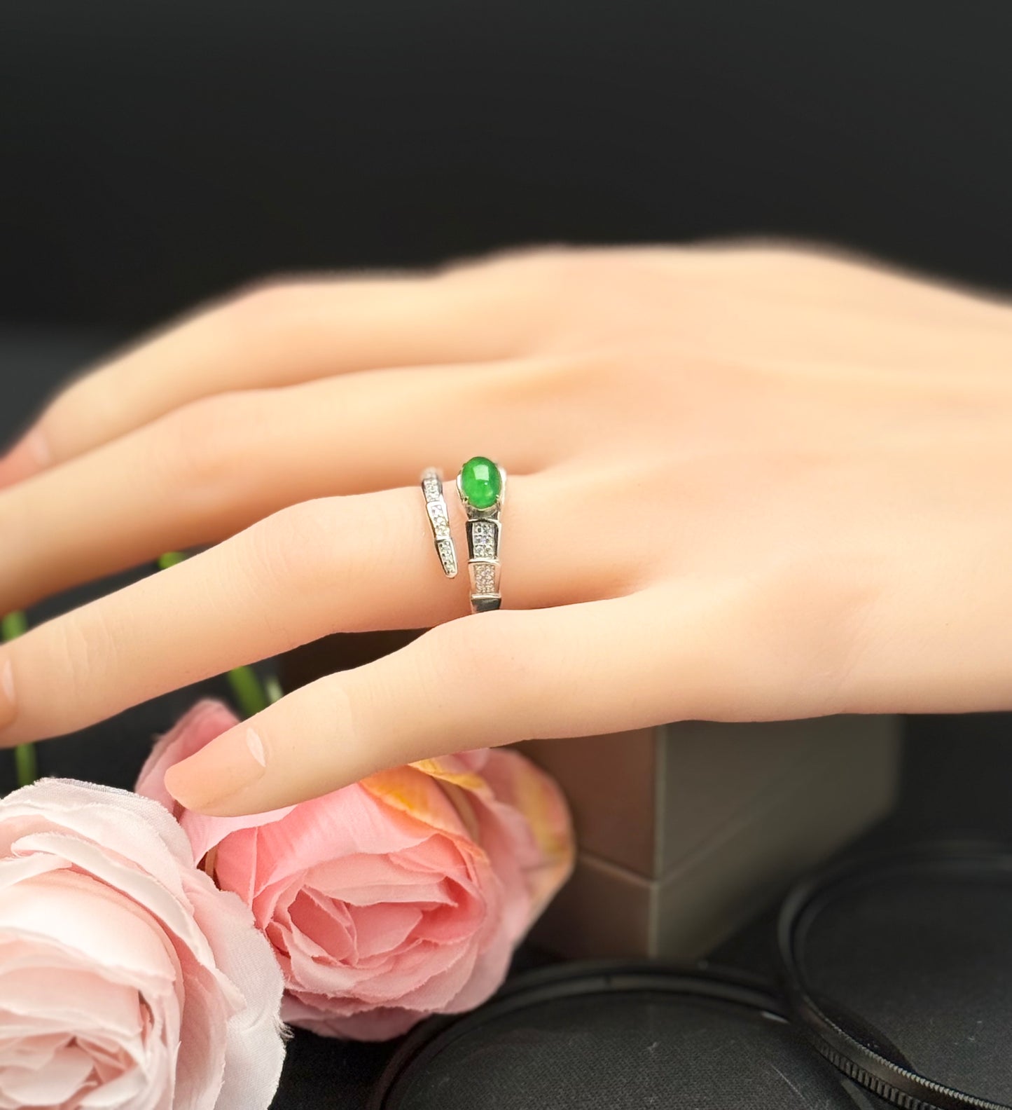 Natural Grade A Snake-Inspired Jadeite Ring | Symbol of Power, Grace & Protection.