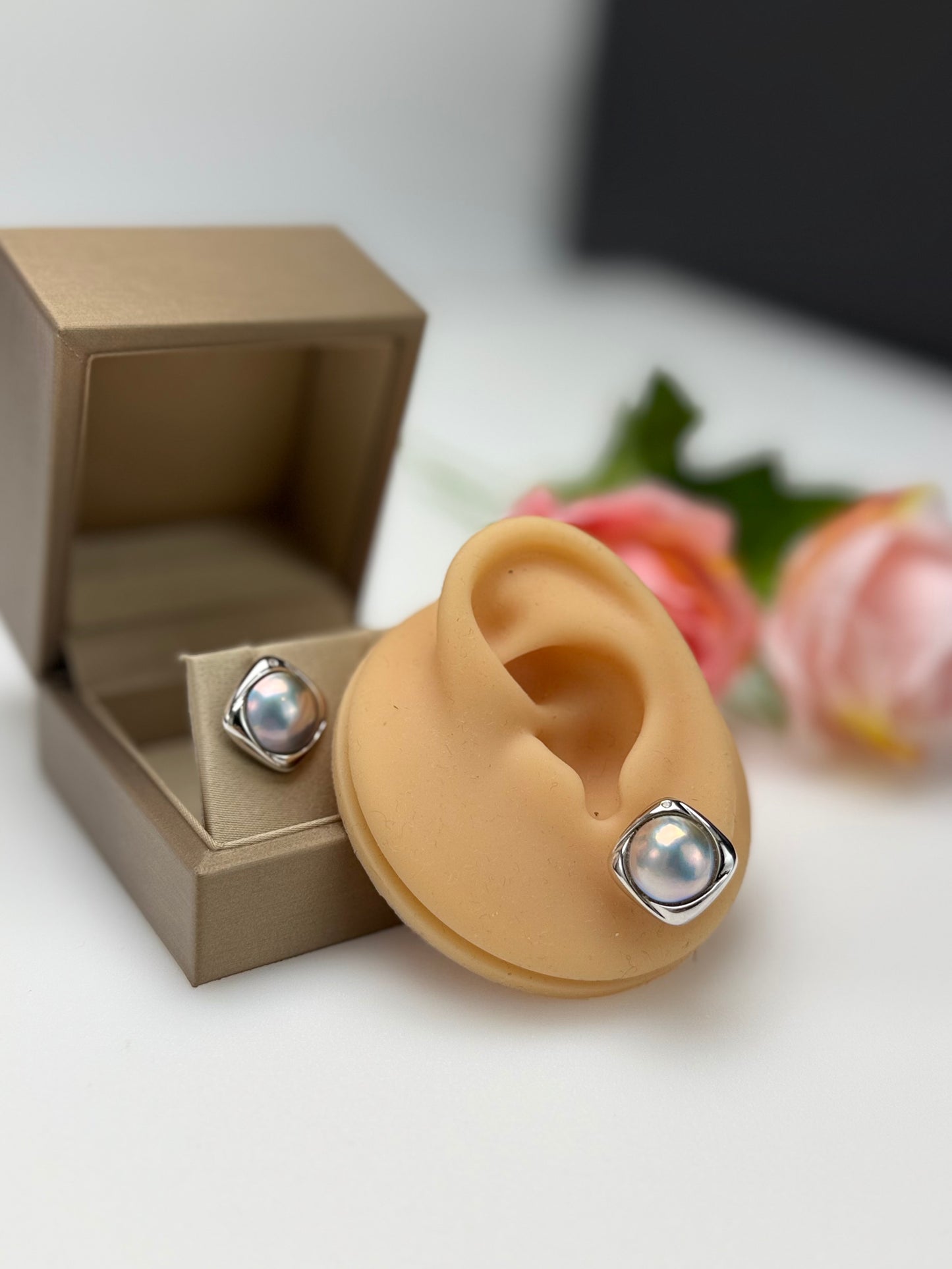 Modern Square Mabe Pearl Stud Earrings in Silvery-Blue with Iridescent Overtones