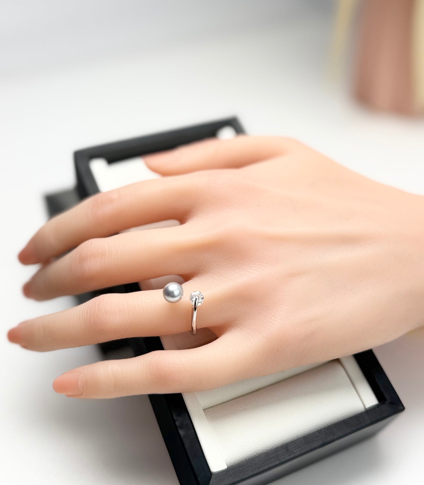 Elegant Designer Japanese Silver Blue Akoya Pearl (7 - 8mm) Ring | Modern Design