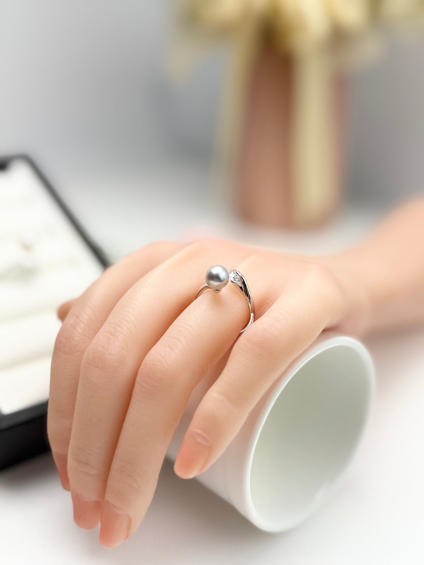 Elegant Designer Japanese Silver Blue Akoya Pearl (7 - 8mm) Ring | Modern Design