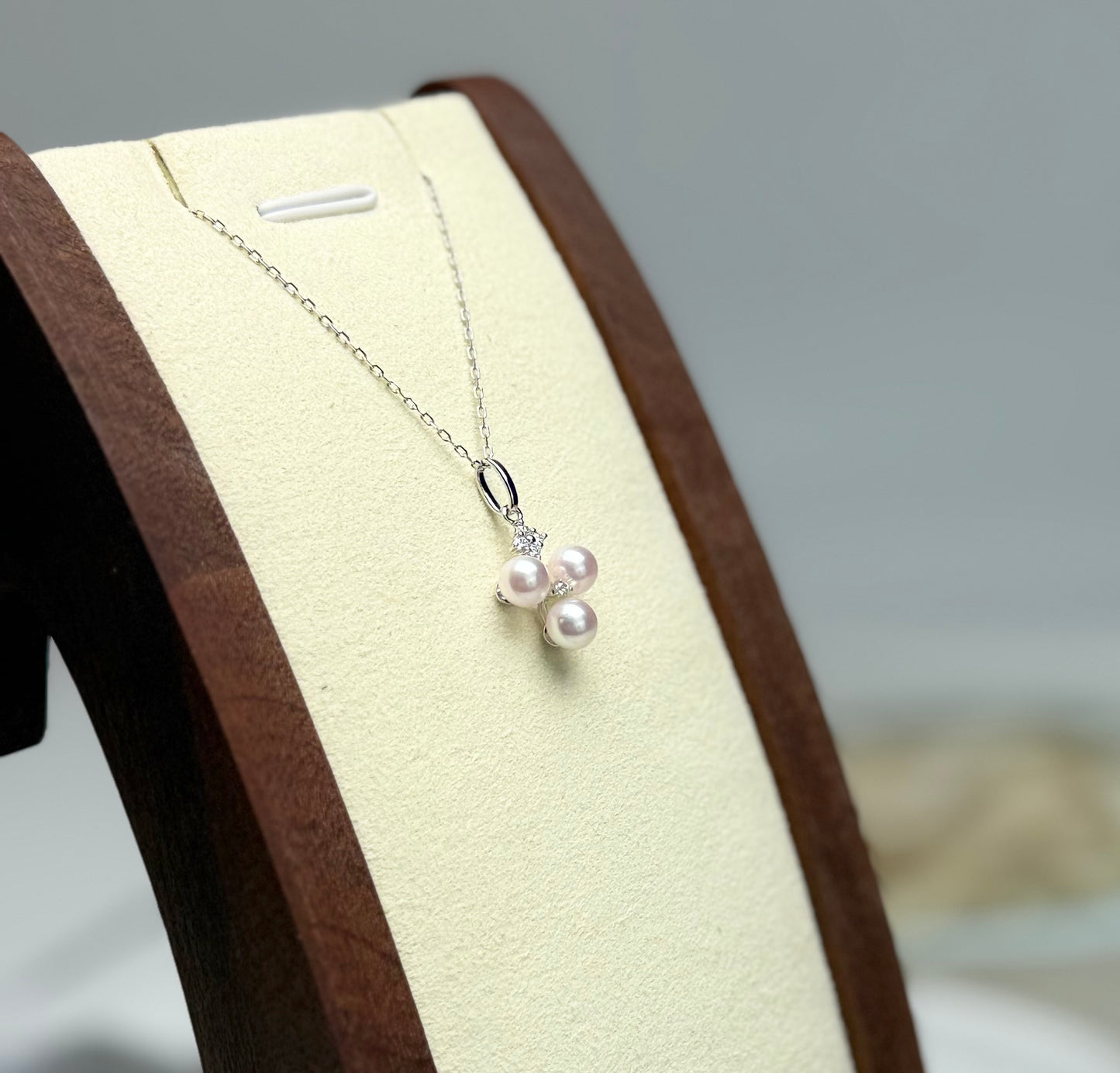 18K Solid Gold Elegant Trio Japan Akoya Pearls (5-5.5mm) with Natural Diamond Accent.