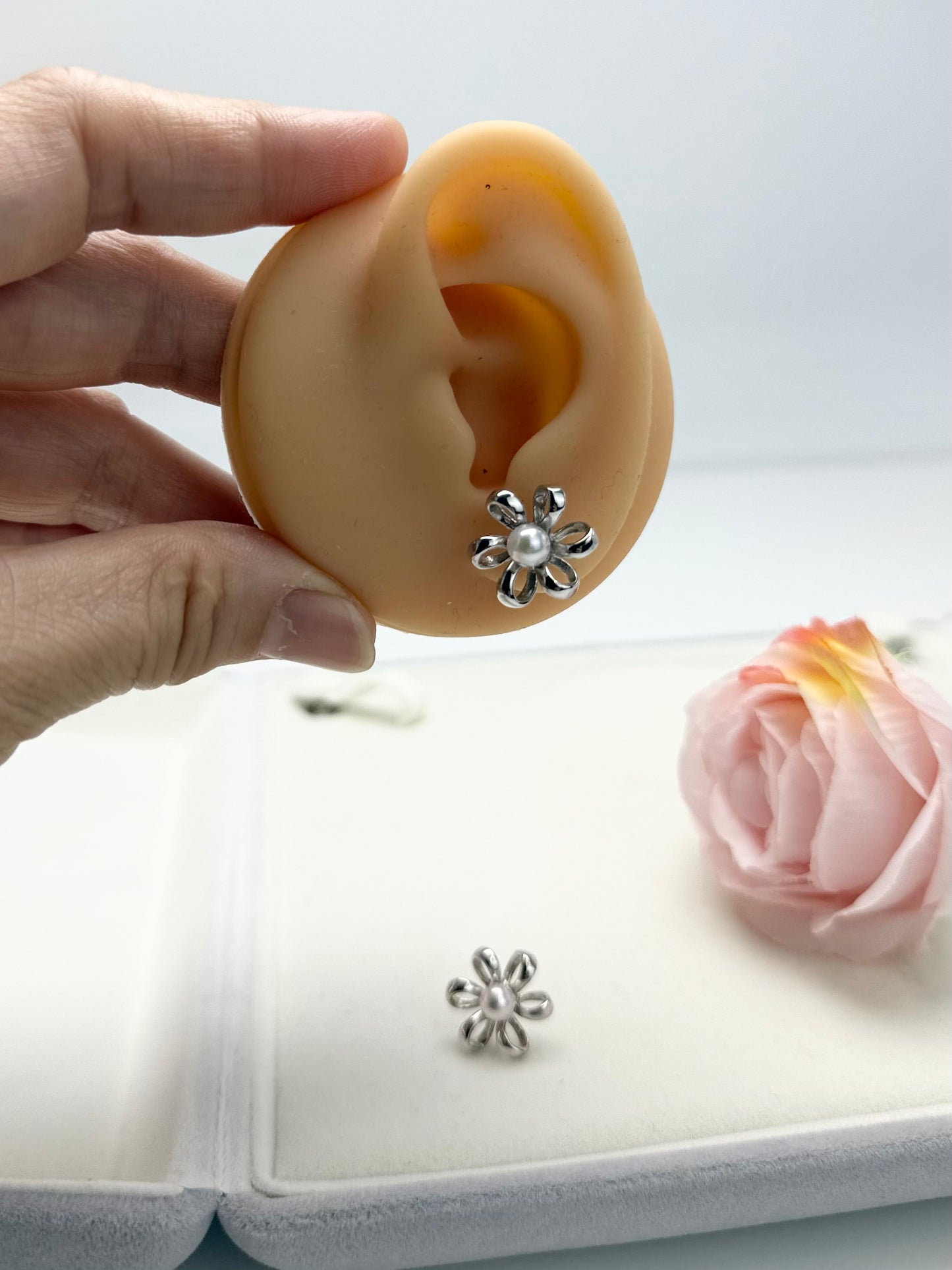 Floral Akoya Pearl (5-5.5mm) Earrings | Elegant Silver Petal Studs with Lustrous Akoya Pearl