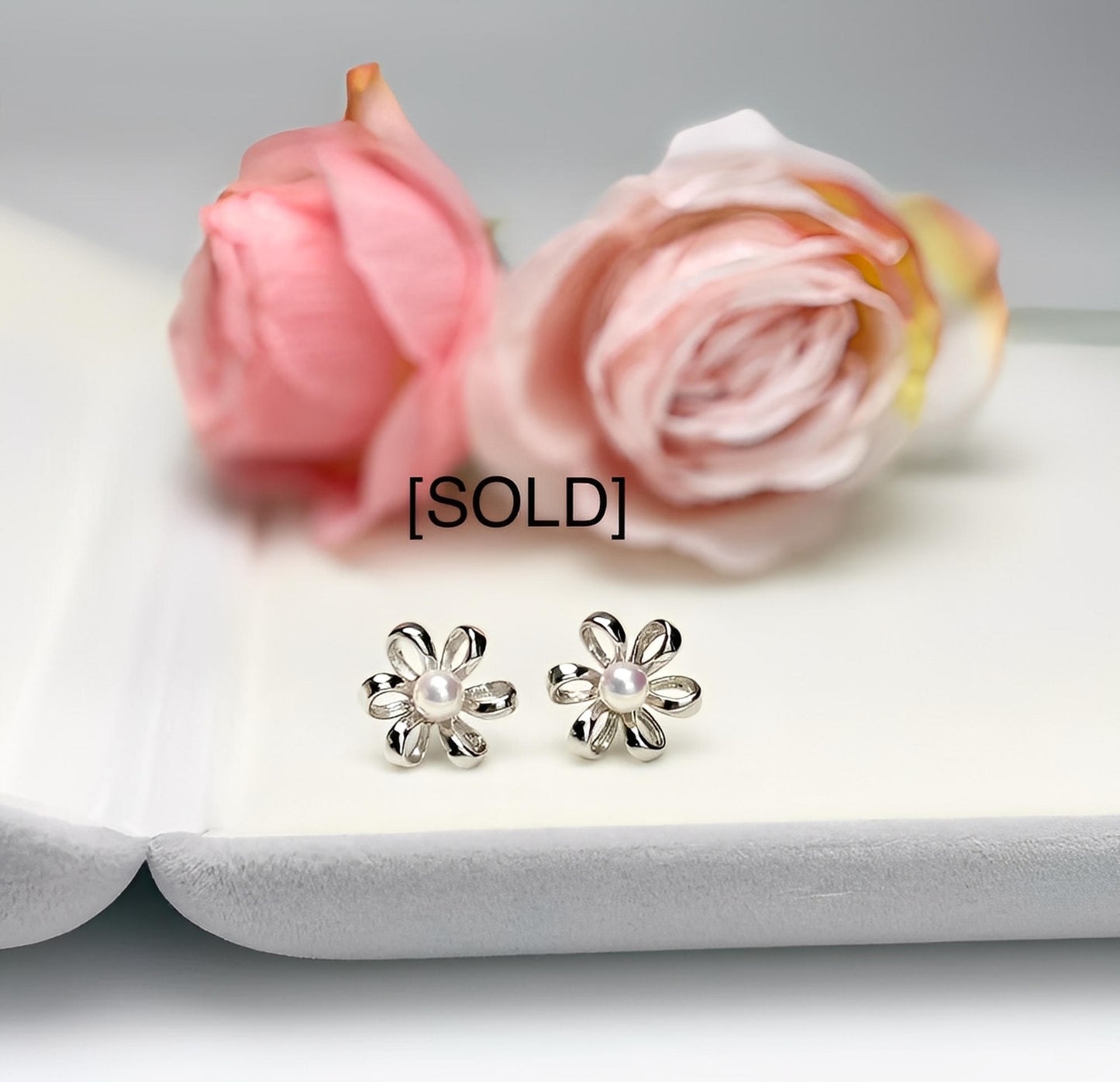 Floral Akoya Pearl (5-5.5mm) Earrings | Elegant Silver Petal Studs with Lustrous Akoya Pearl
