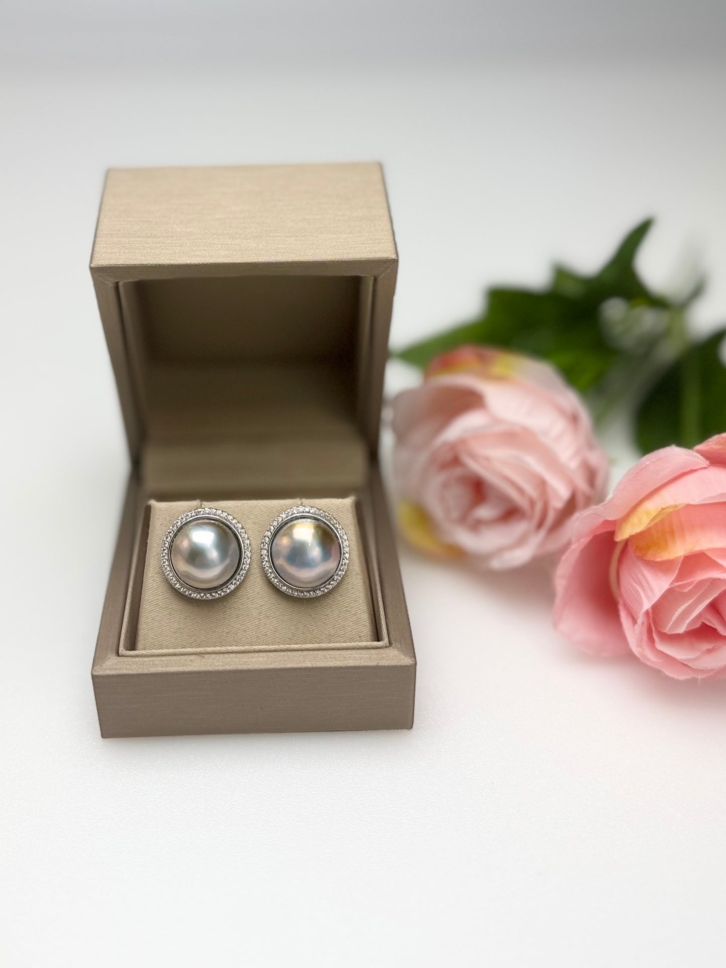 Silvery-Golden Mabe Pearl Stud Earrings with Iridescent Overtones