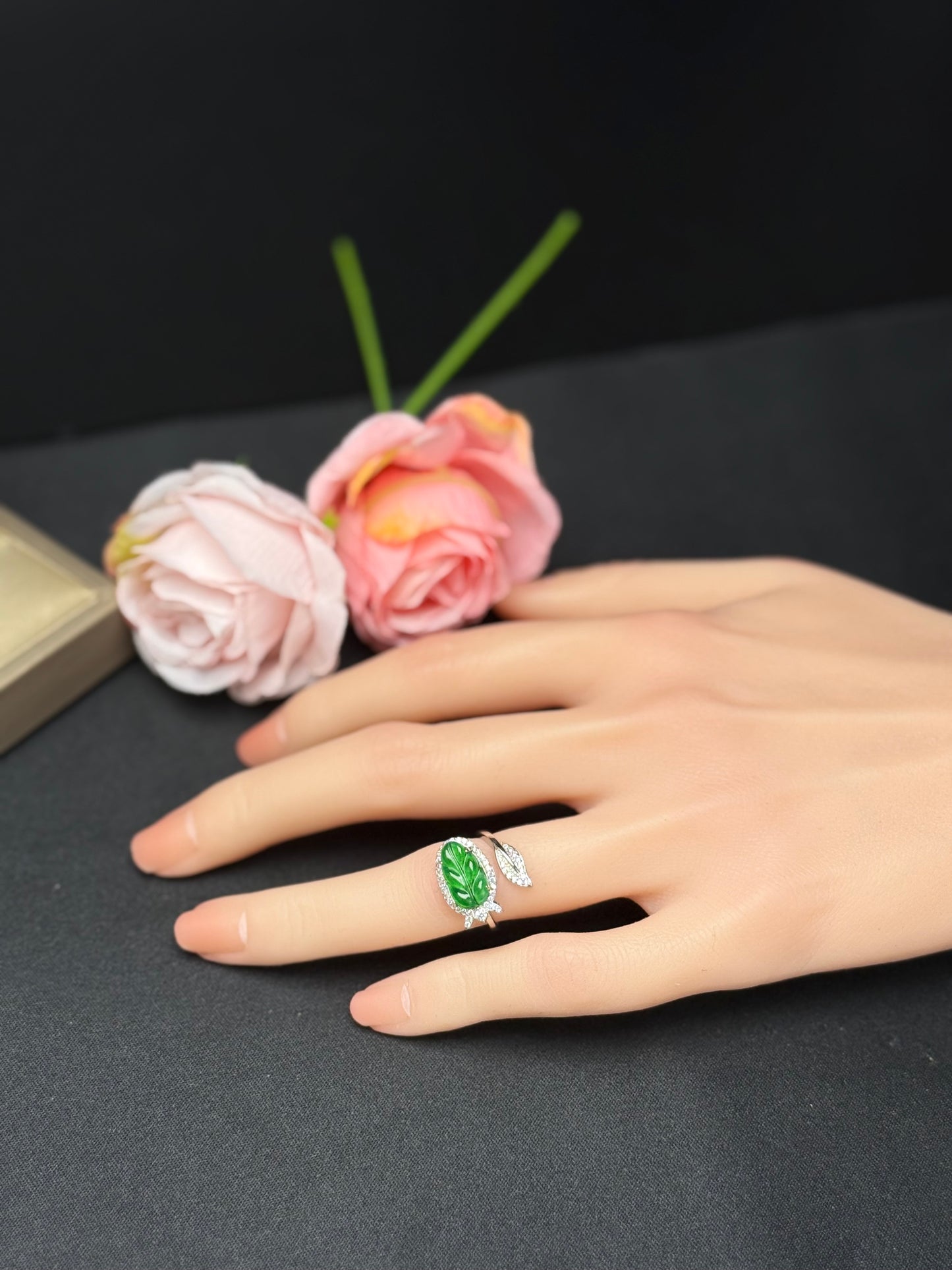 Natural Grade A Carved Leaf Green Jadeite Ring with Diamond-like Leaf Accent.