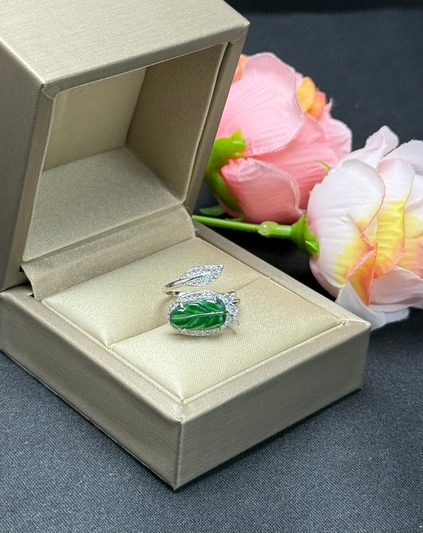 Natural Grade A Carved Leaf Green Jadeite Ring with Diamond-like Leaf Accent.