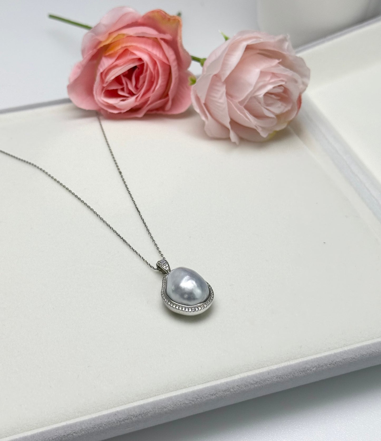 South Sea Baroque Blue Blood Pearl (14 x 17mm) Pendant with CZ
