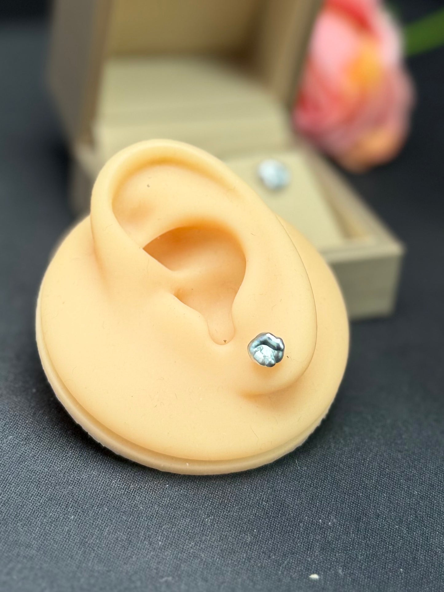 18K Solid Gold Tahitian Keshi Stud Earrings | Unique Natural Silver-Blue.