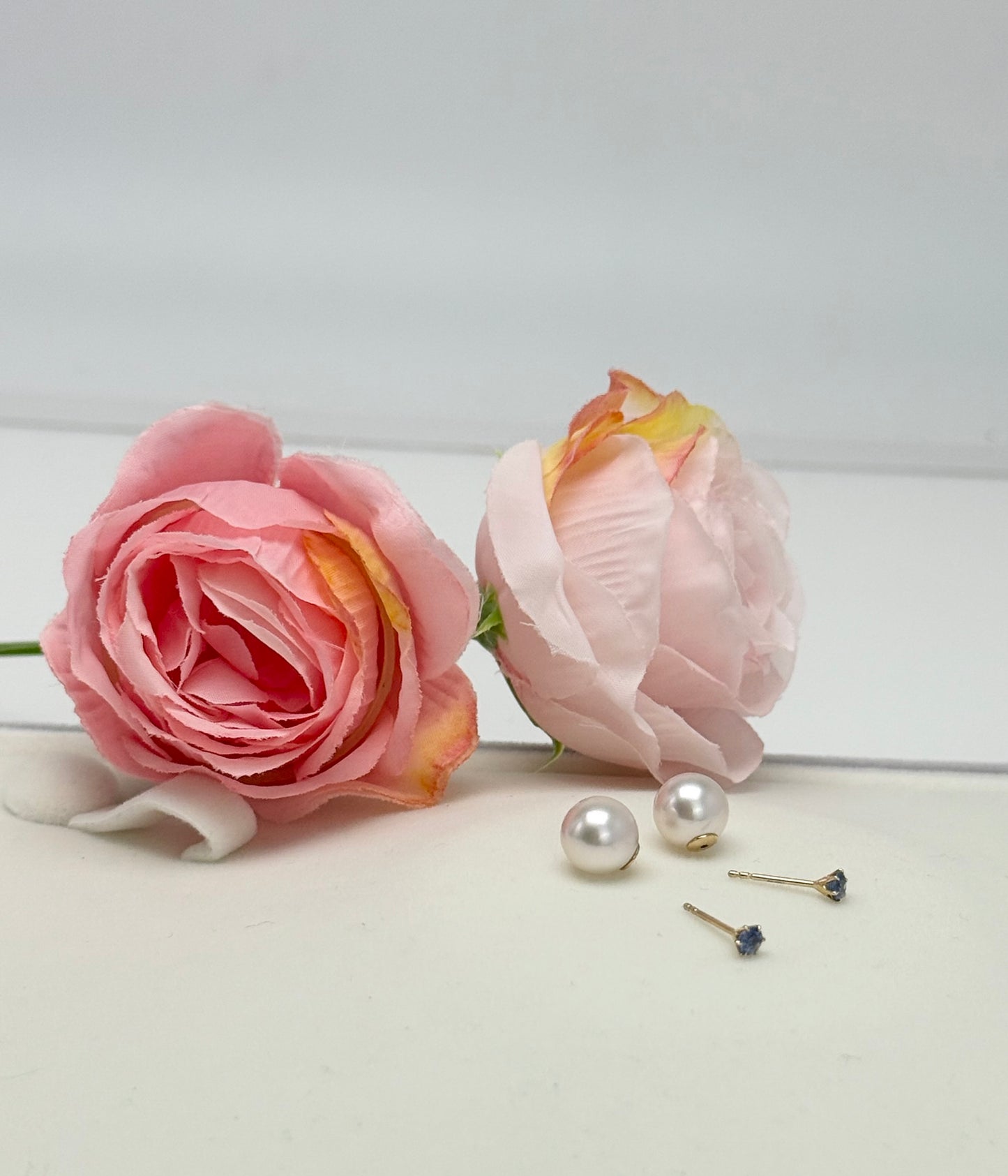 18K Solid Gold Convertible 2-way Design Akoya Pearl (8.5-9mm) & Blue Sapphire Earrings.