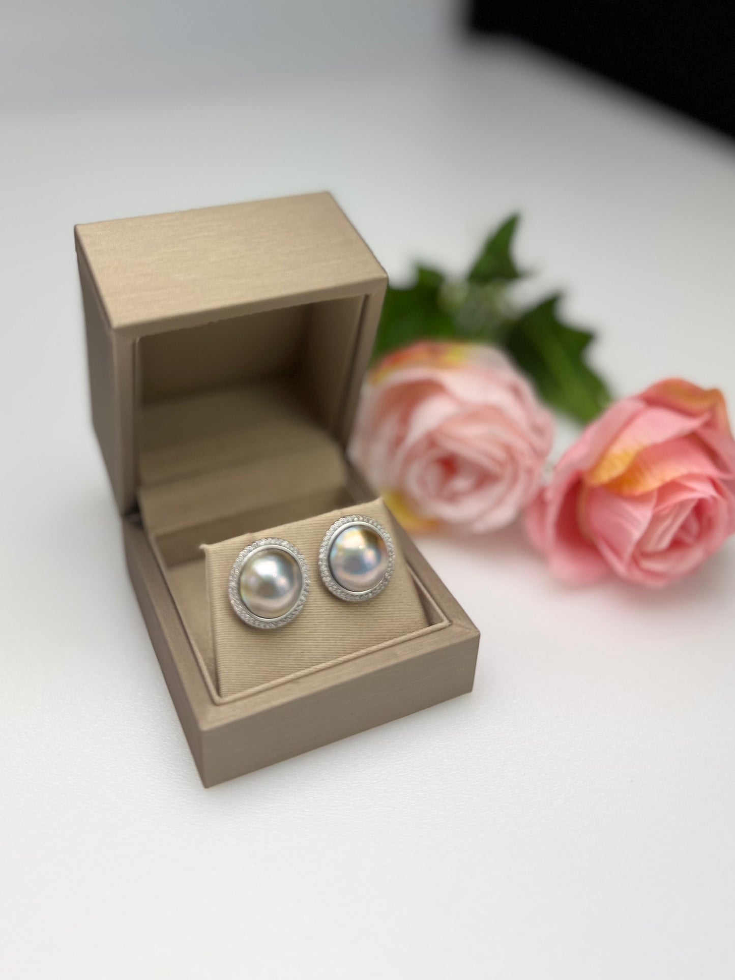 Silvery-Golden Mabe Pearl Stud Earrings with Iridescent Overtones