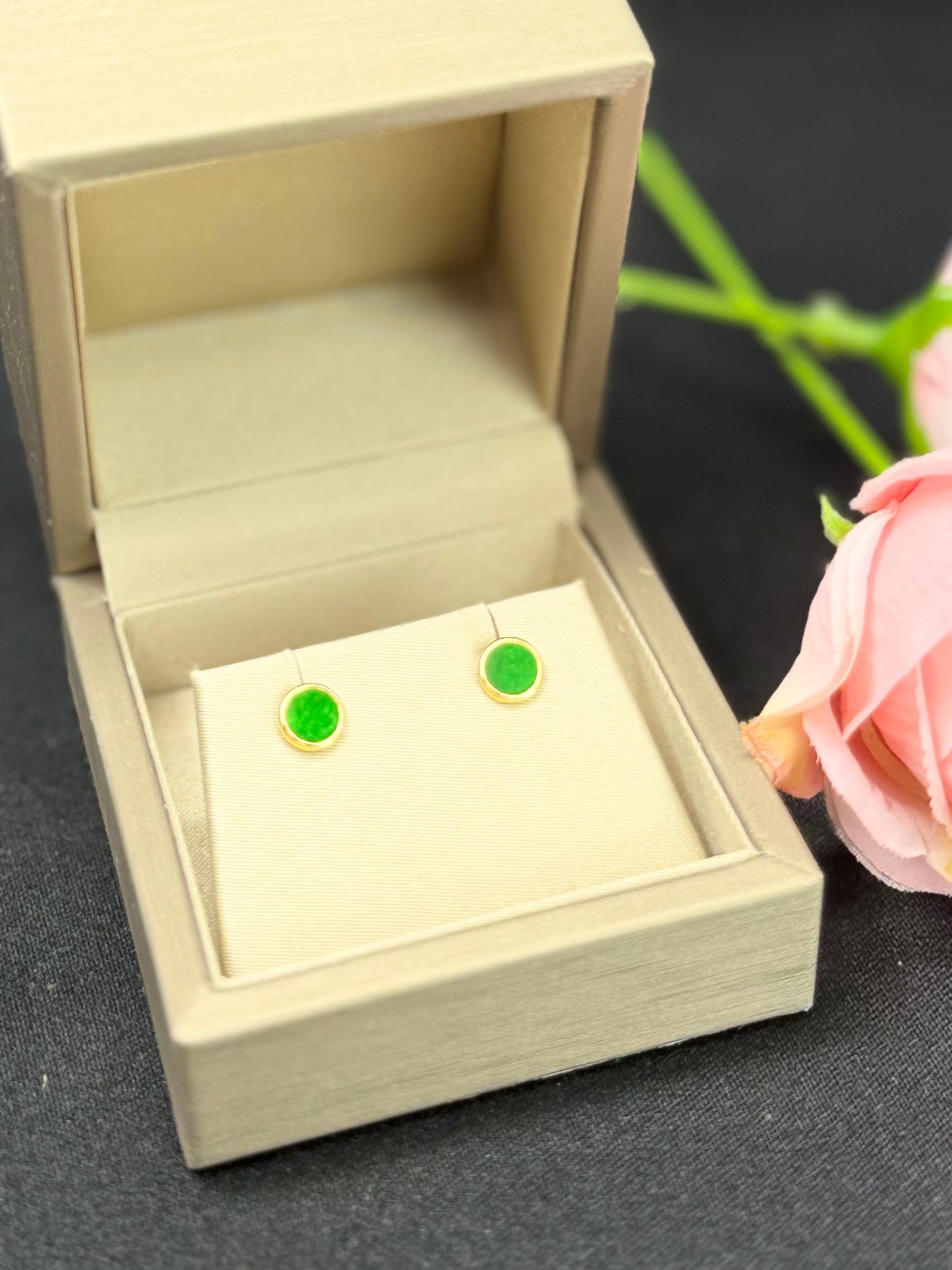 Natural Grade A Elegant Green Jadeite Stud Earrings.