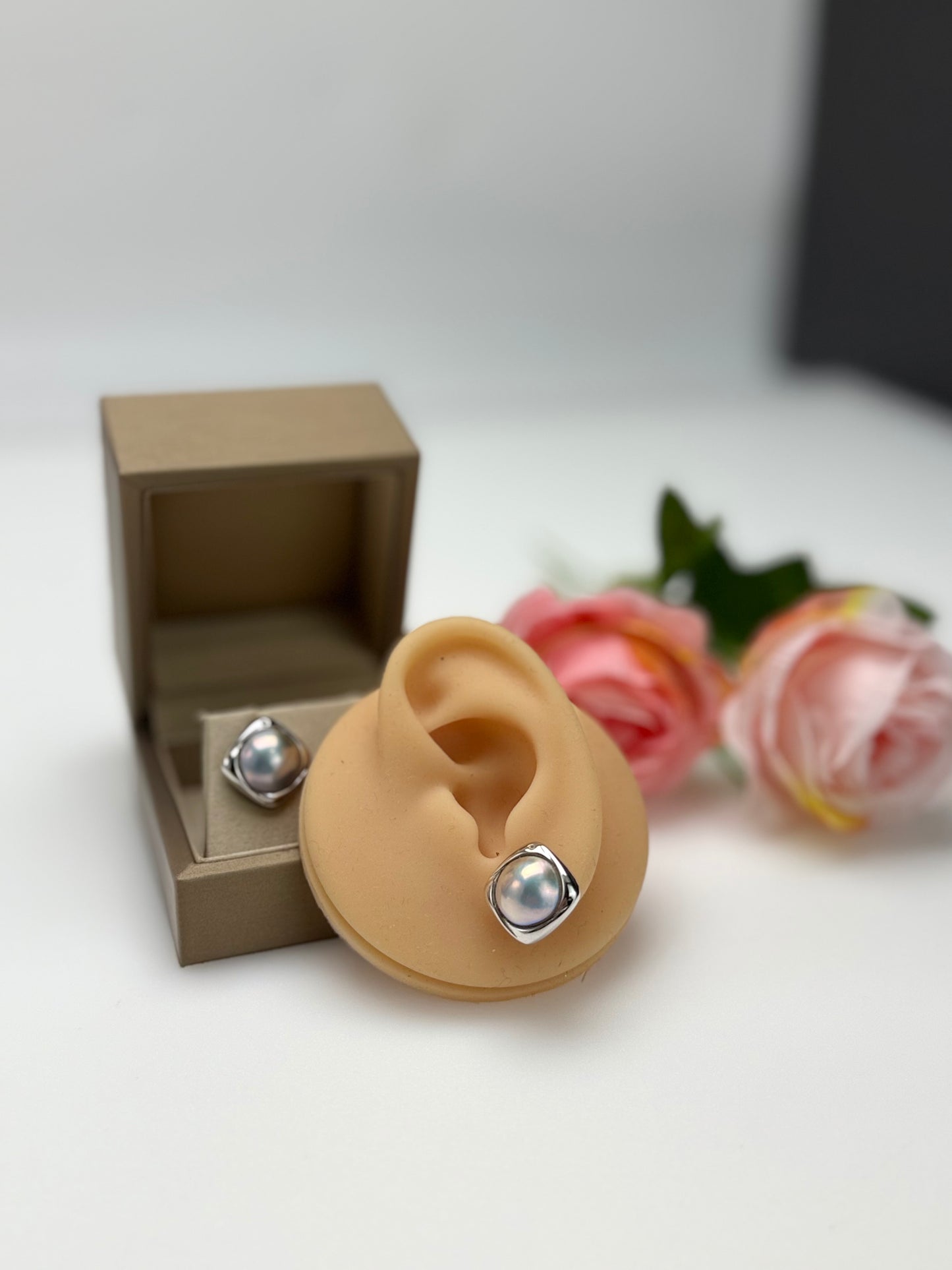 Modern Square Mabe Pearl Stud Earrings in Silvery-Blue with Iridescent Overtones