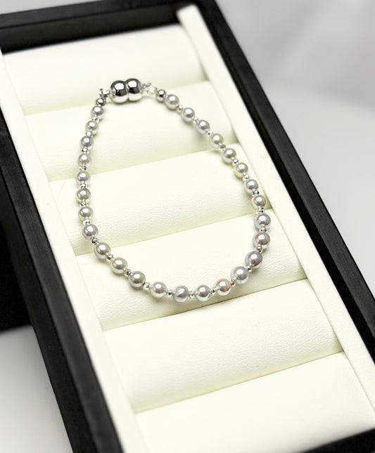 Natural Multi-tone Silver-Blue Akoya Pearl (4-5mm) Bracelet | Magnetic Clasp.