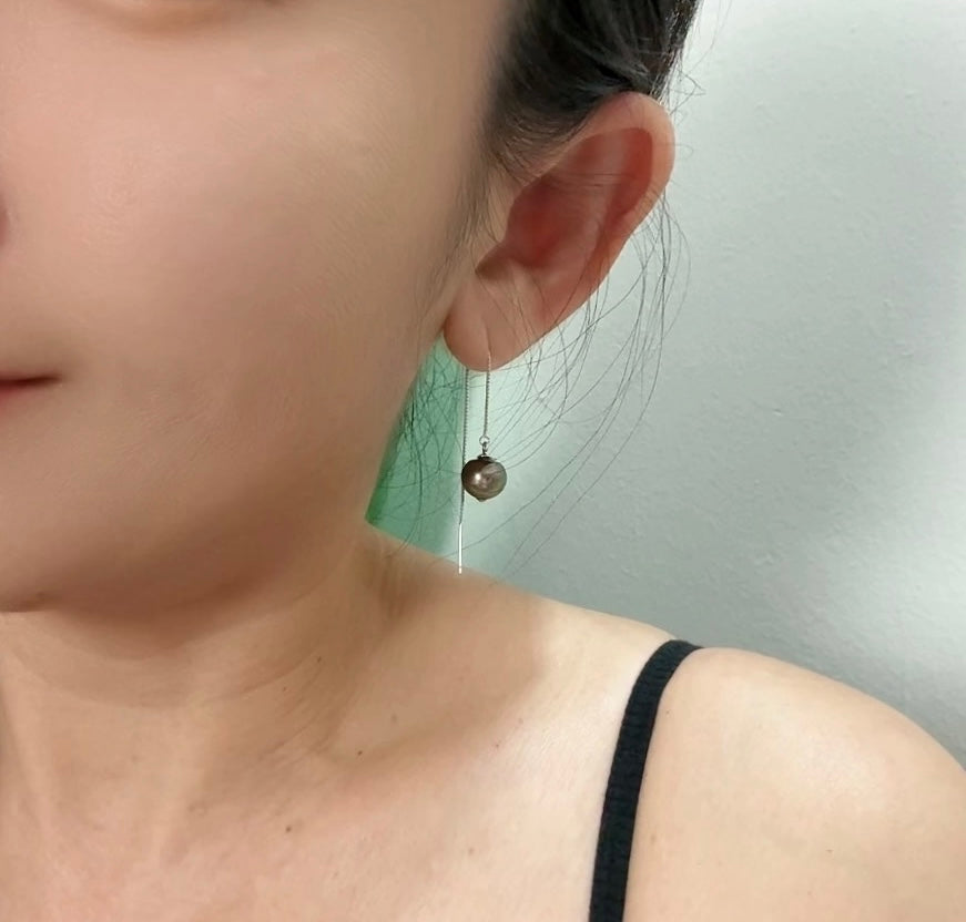 Peacock Green Tahitian Pearl (8.5 - 9mm) Drop String Earrings | Perfect Pearl Jewellery for Every Occasion