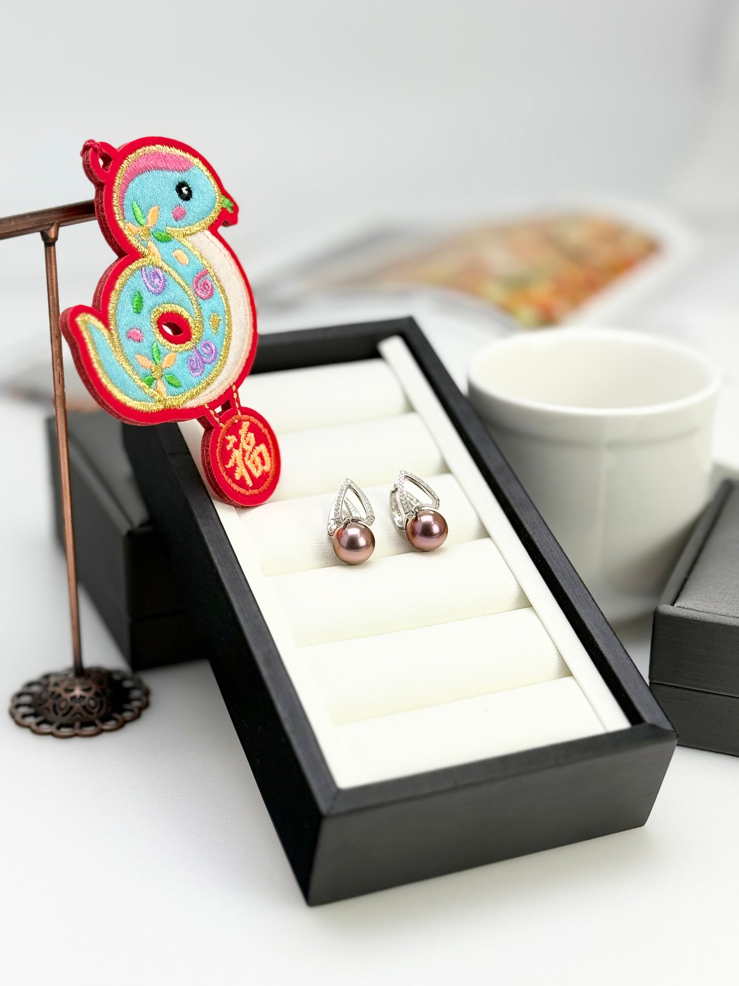 Luxurious Metallic Reddish-Purple Pearls Earring (9.5-10mm) with CZ | Top Radiance Pearl Earrings