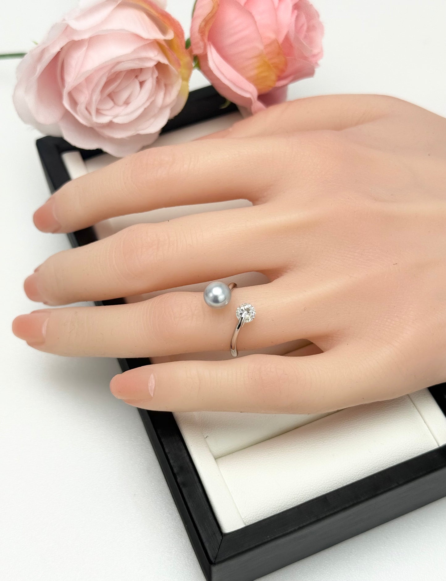 Elegant Designer Japanese Silver Blue Akoya Pearl (7 - 8mm) Ring | Modern Design