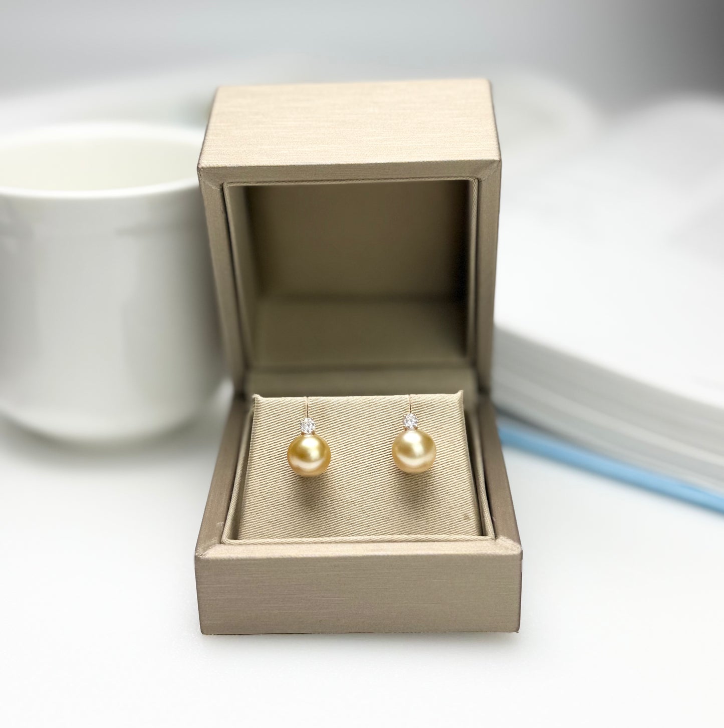18K Solid Gold Golden South Sea Pearl Earrings | Princess Diana Design.