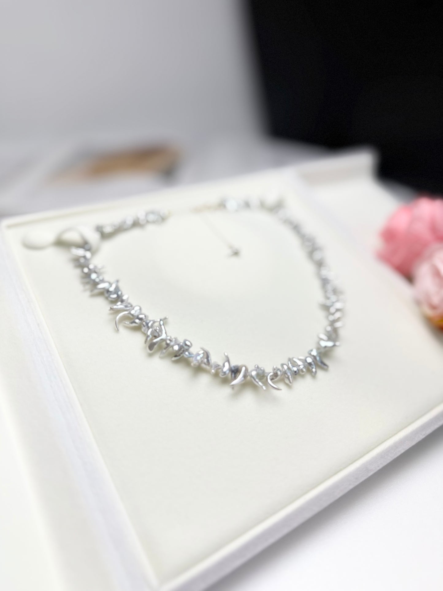 18K Solid Gold Akoya Silver Blue Keshi Necklace with cert