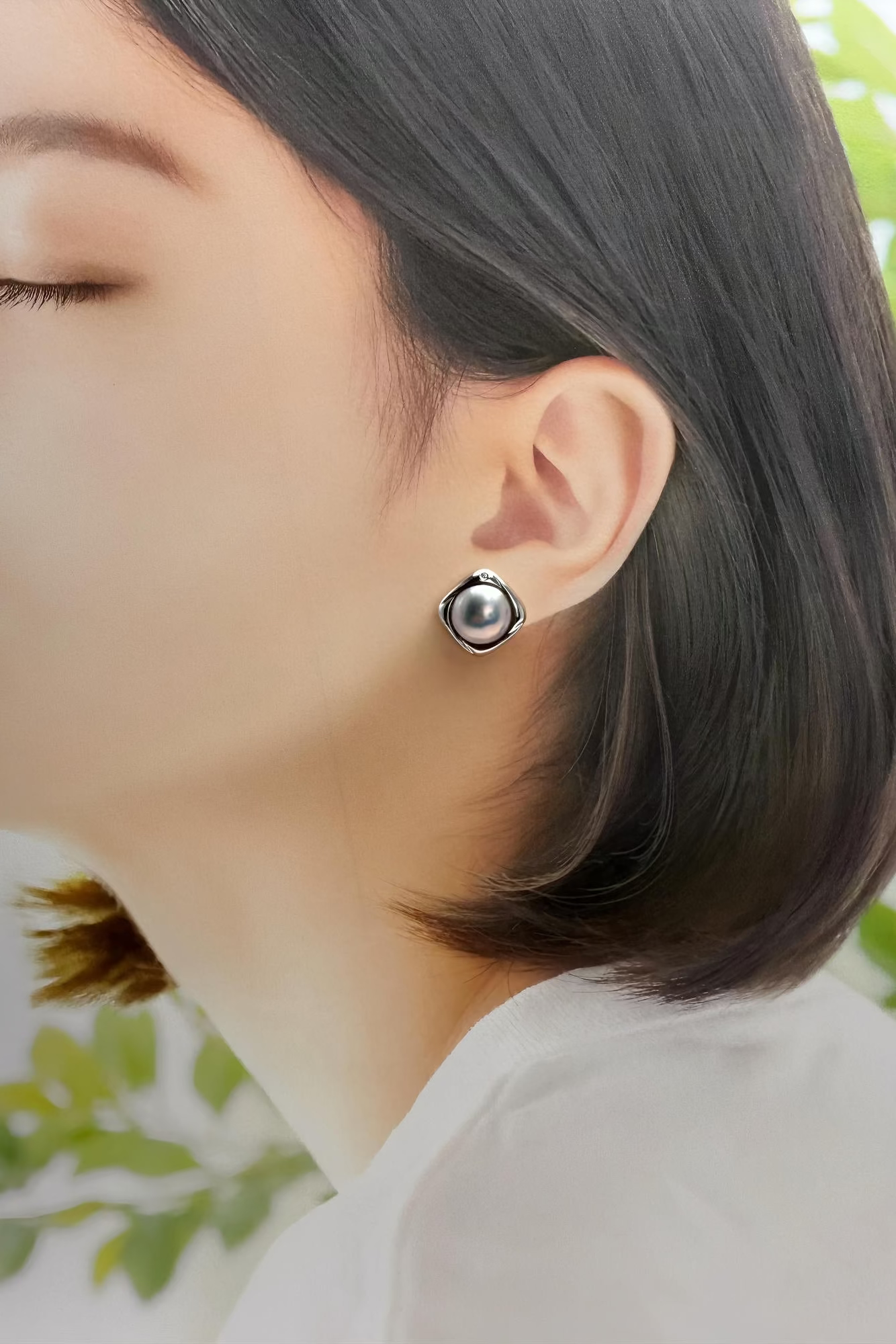 Modern Square Mabe Pearl Stud Earrings in Silvery-Blue with Iridescent Overtones