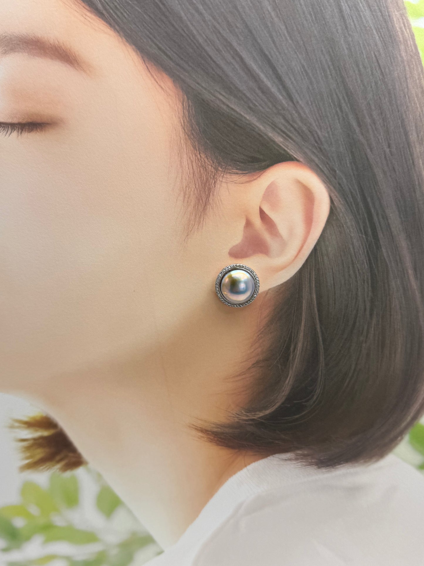 Silvery-Golden Mabe Pearl Stud Earrings with Iridescent Overtones