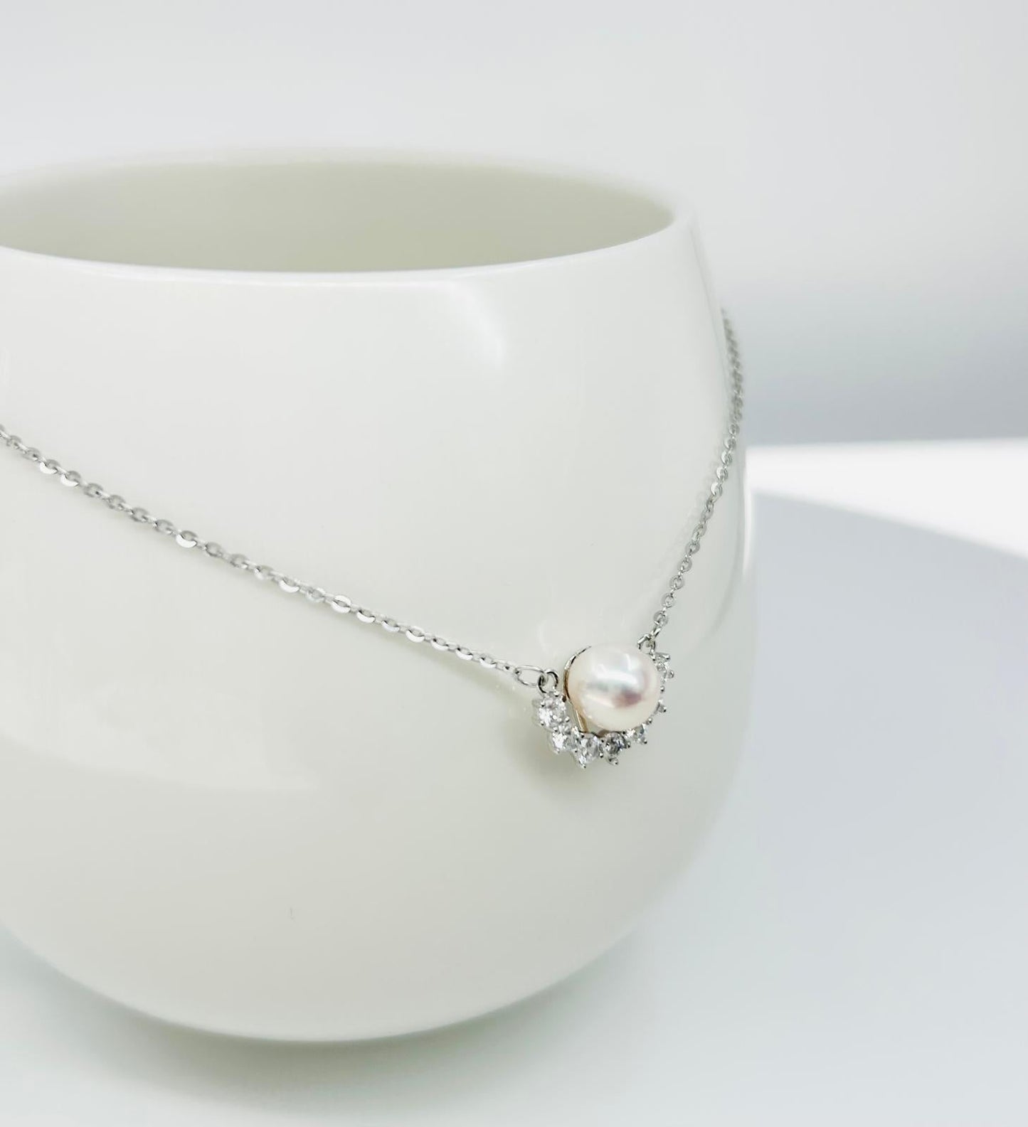 Semi Circle Freshwater White Pearl Pendant (7 -8 mm) with CZ - Nexus8gg Jewellery
