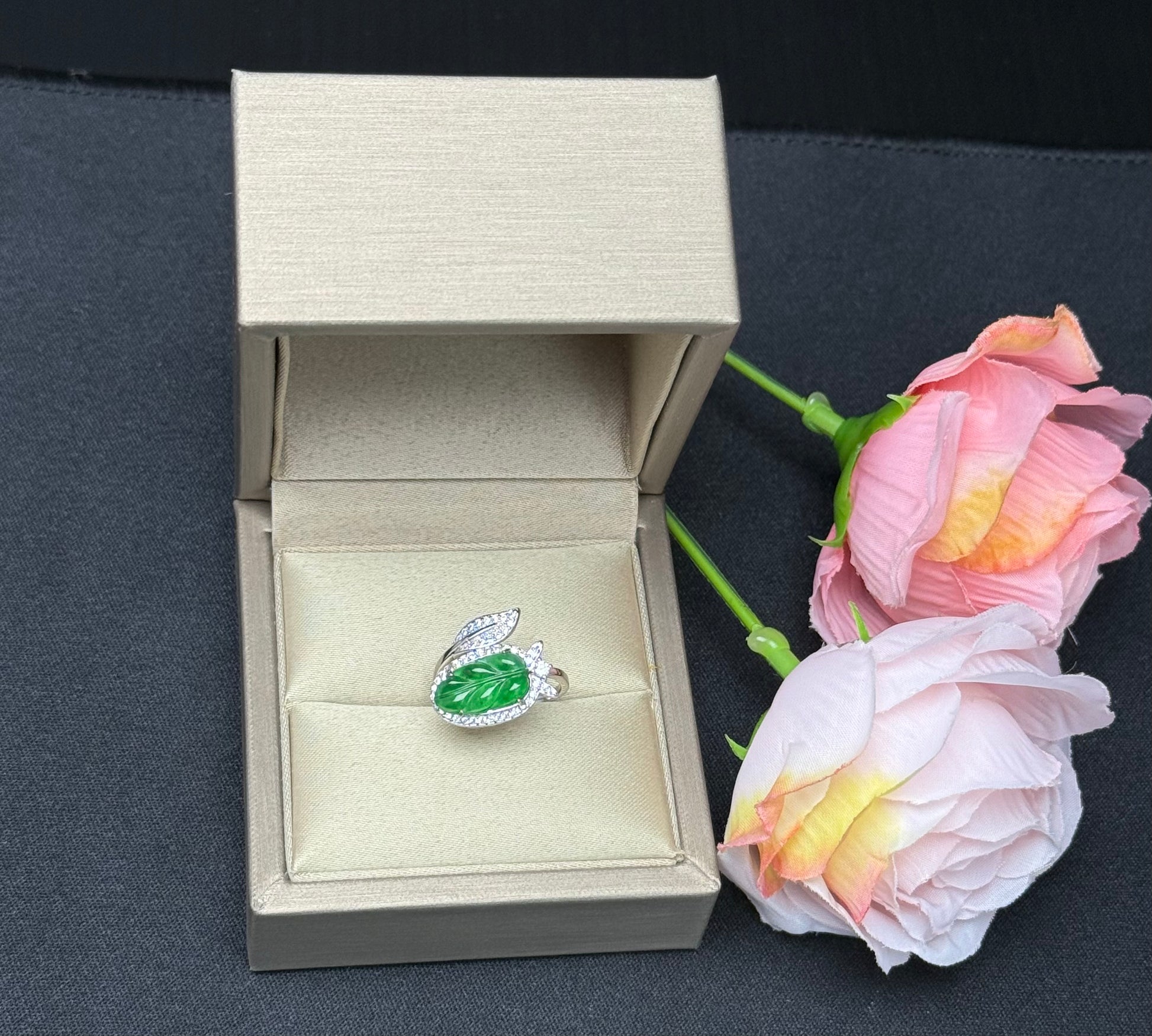 Natural Grade A Carved Leaf Green Jadeite Ring with Diamond-like Leaf Accent.