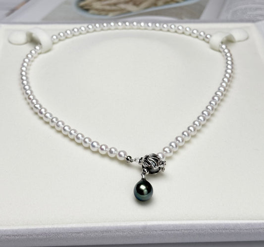 18K Solid Gold Freshwater & Tahitian (Grey & Peacock Green) Convertible Pearl Necklace
