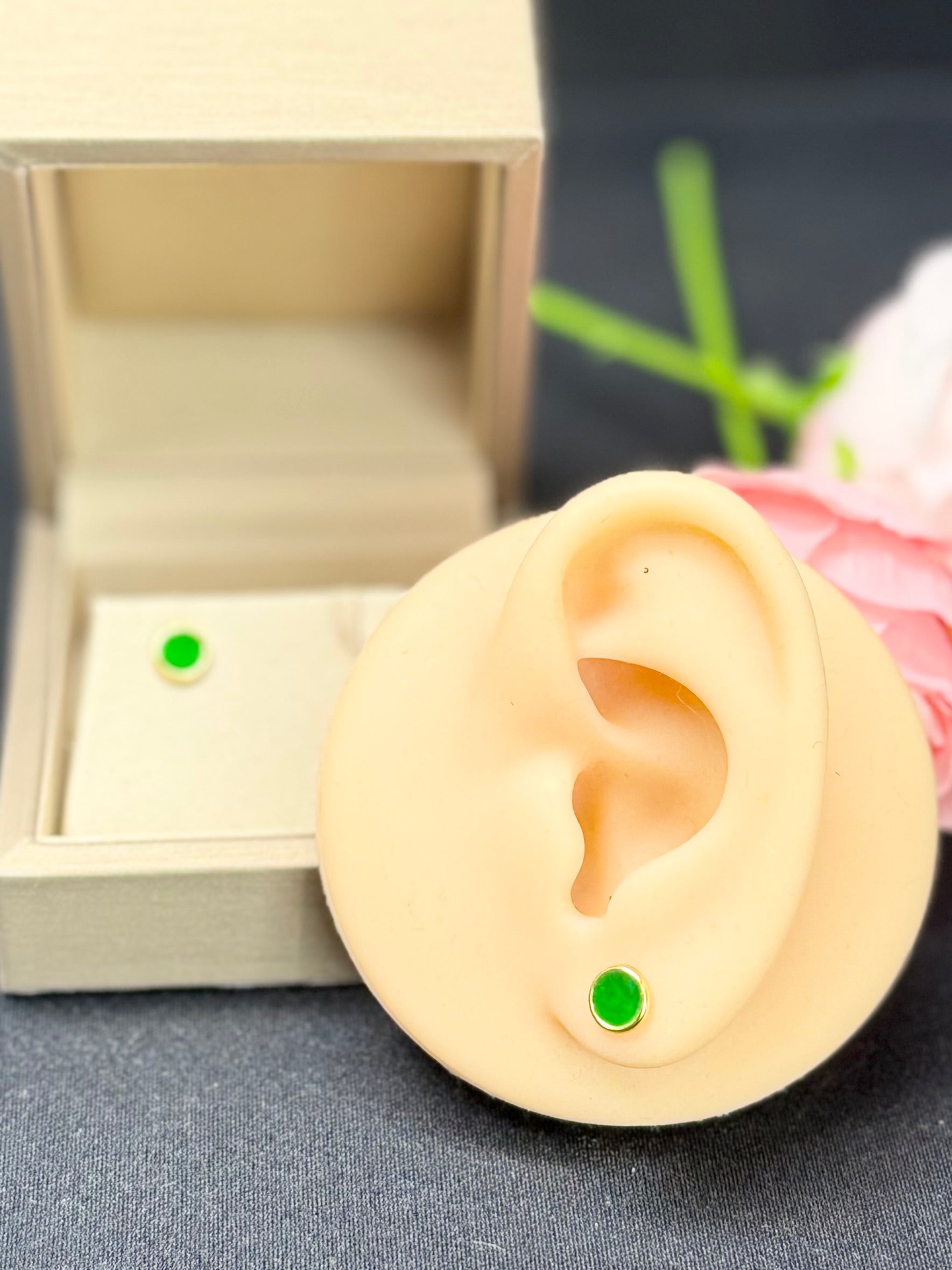 Natural Grade A Elegant Green Jadeite Stud Earrings.