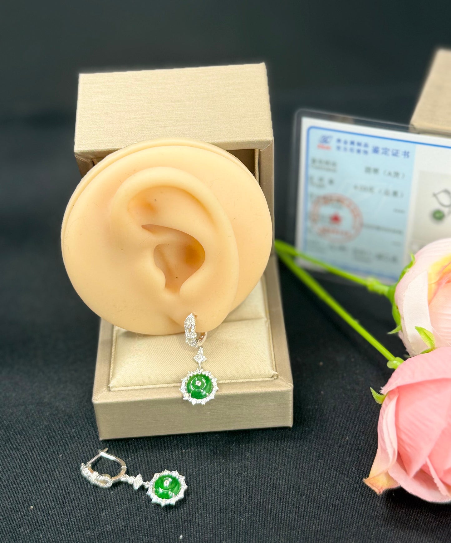 Natural Grade A Elegant Round Jadeite Drop Earrings with Sparkling Diamond-like Accents.