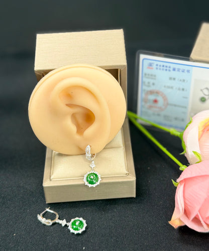 Natural Grade A Elegant Round Jadeite Drop Earrings with Sparkling Diamond-like Accents.