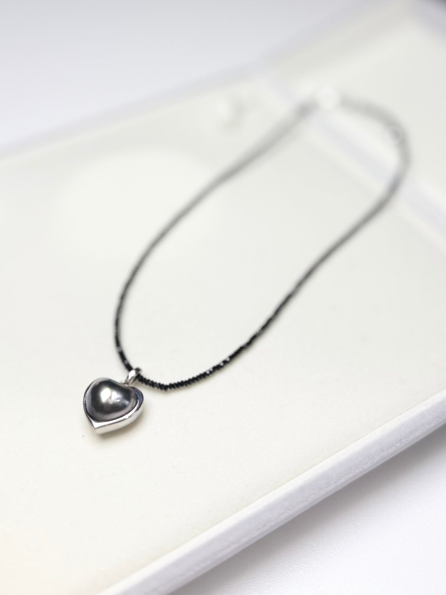 Heart-shaped Tahitian Pearl Pendant with Black Spinel Necklace | Elegant Blank Pearl Jewelry.
