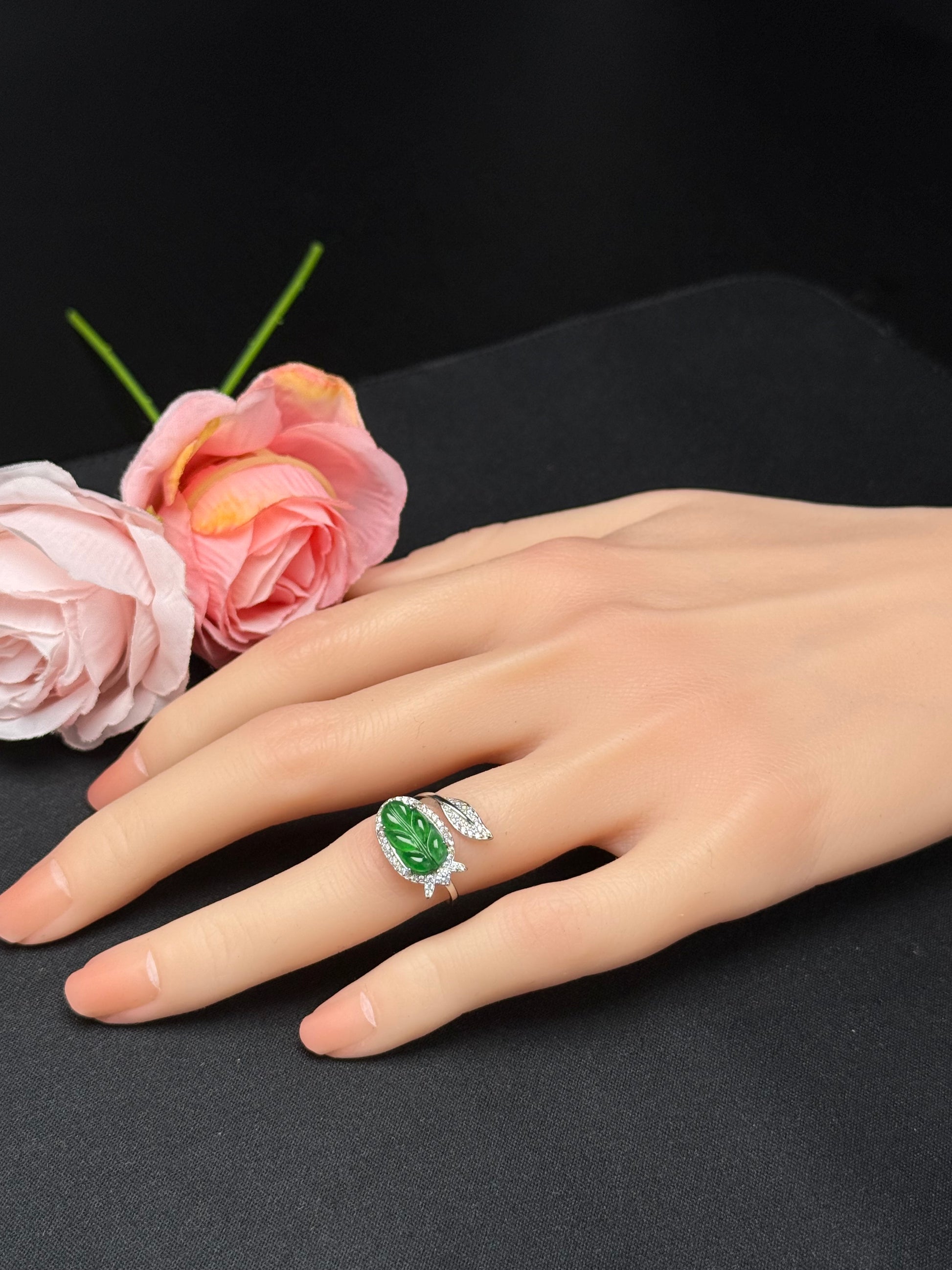 Natural Grade A Carved Leaf Green Jadeite Ring with Diamond-like Leaf Accent.