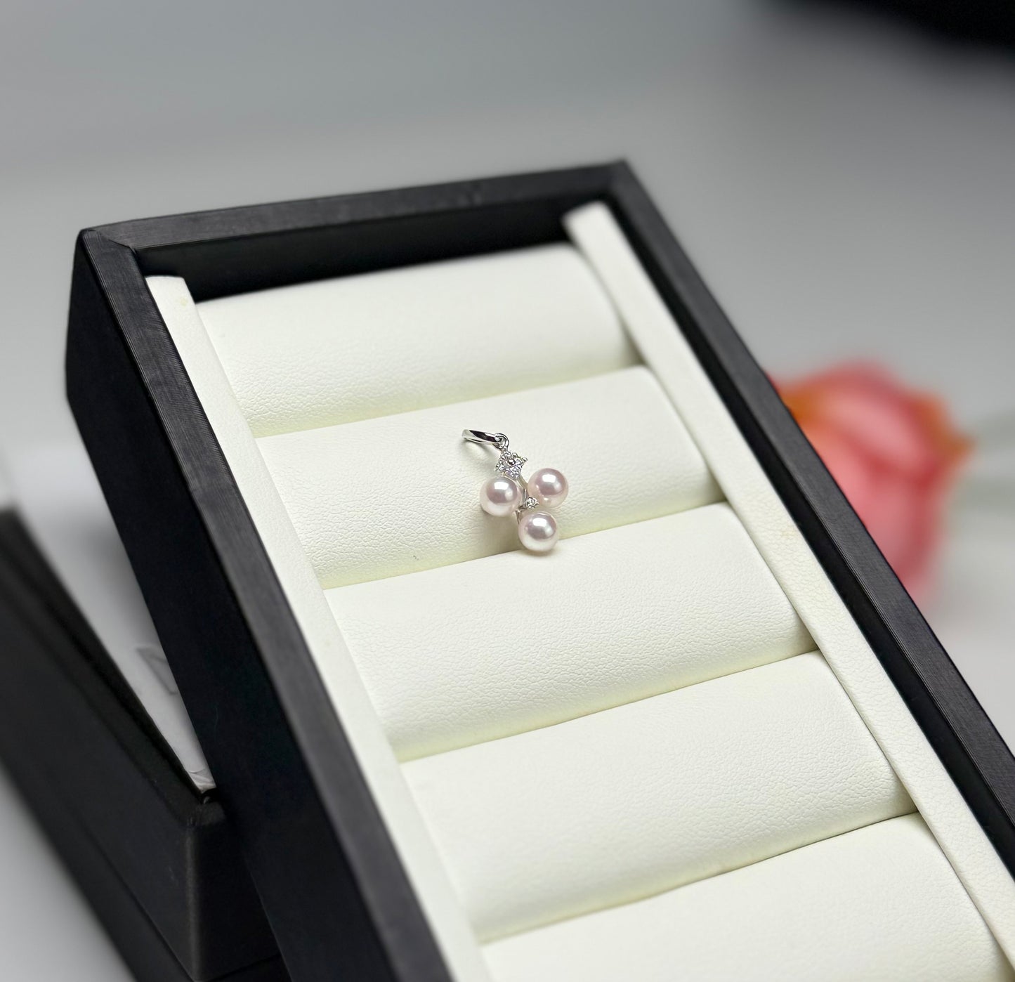 18K Solid Gold Elegant Trio Japan Akoya Pearls (5-5.5mm) with Natural Diamond Accent.
