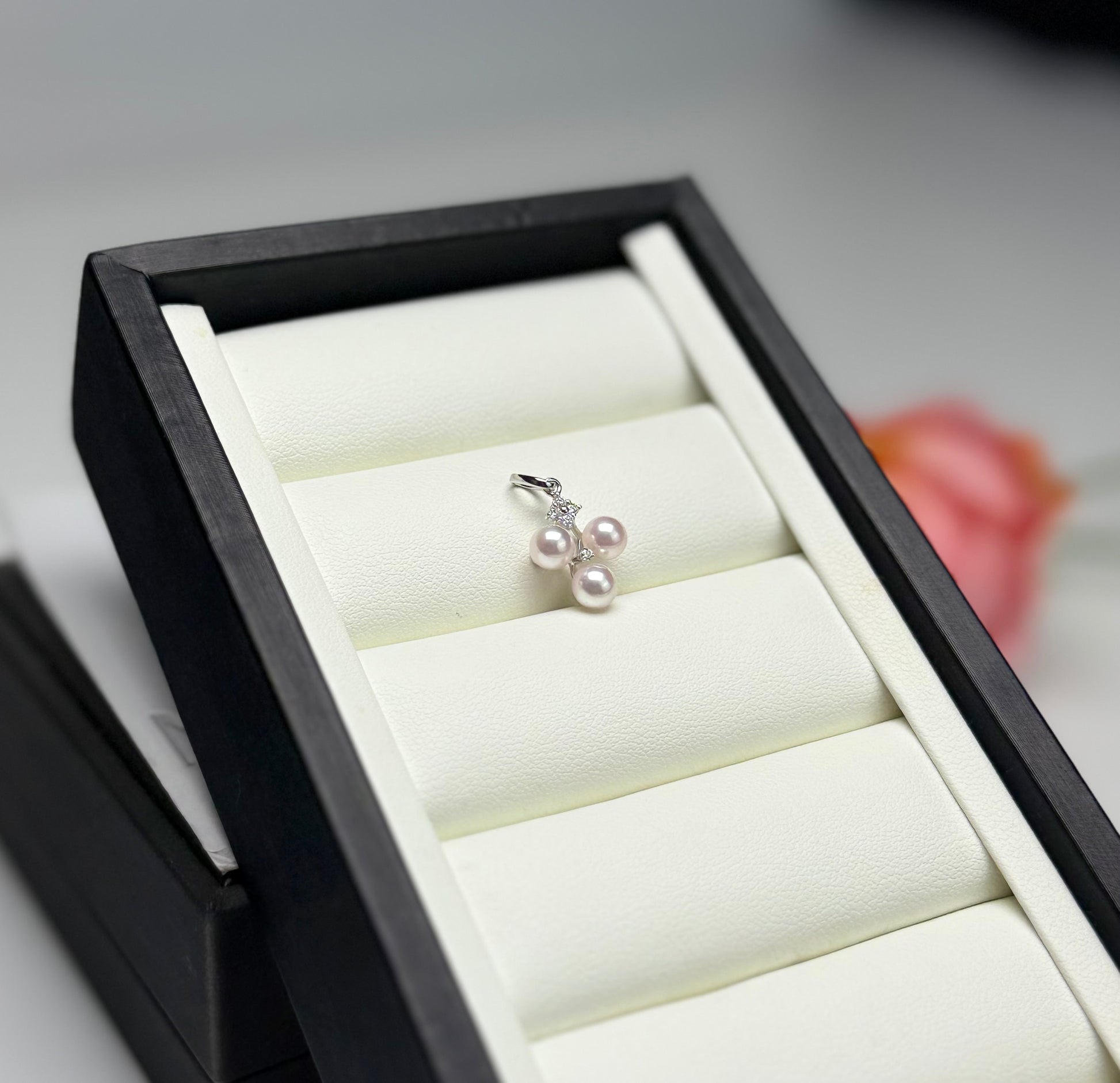 18K Solid Gold Elegant Trio Japan Akoya Pearls (5-5.5mm) with Natural Diamond Accent.