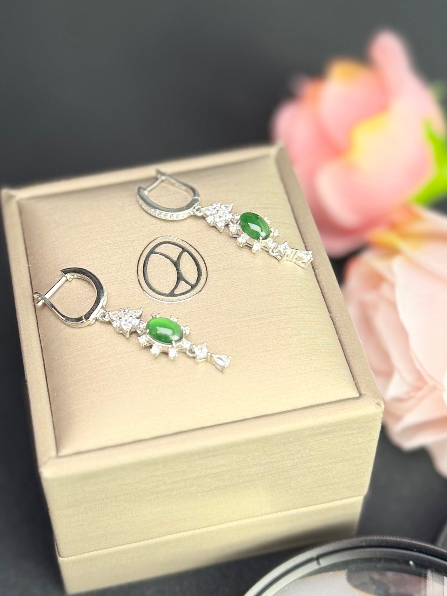 Natural Grade A Green Jadeite Drop Style Earring.