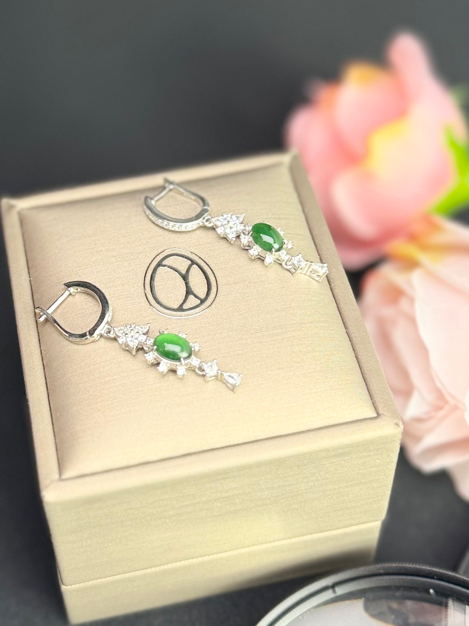 Natural Grade A Green Jadeite Drop Style Earring.