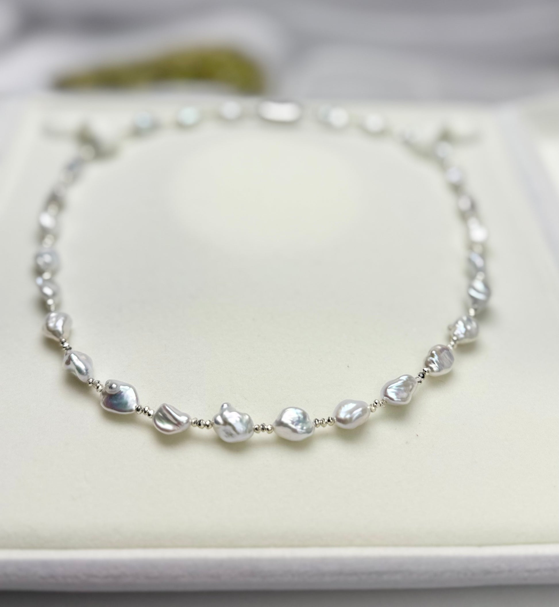 Unique Freshwater White (Blue tone) Keshi Pearl (6-8mm) Necklace.