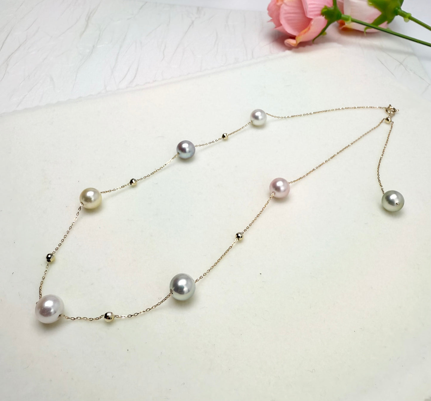 18K Solid Gold Candy-Colored Akoya Pearls (7.5-8mm) Starry Station Necklace