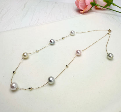 18K Solid Gold Candy-Colored Akoya Pearls (7.5-8mm) Starry Station Necklace