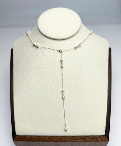 18K Solid Gold Designer Akoya Baby Pearls (3-4mm) Stary Station Necklace