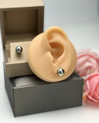 18K Solid Gold Tahitian Peacock Green Pearl Earrings | Princess Diana Design.