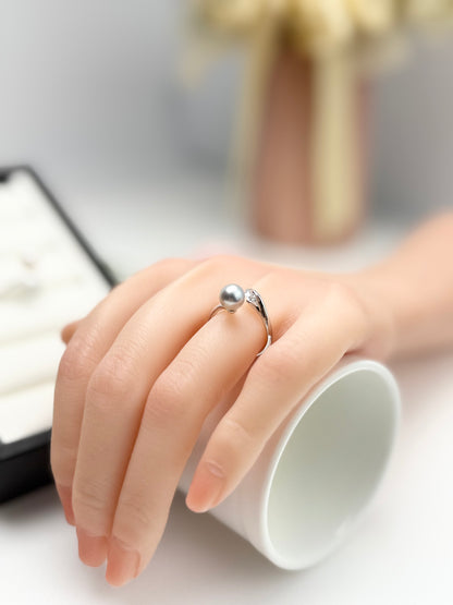 Elegant Designer Japanese Silver Blue Akoya Pearl (7 - 8mm) Ring | Modern Design