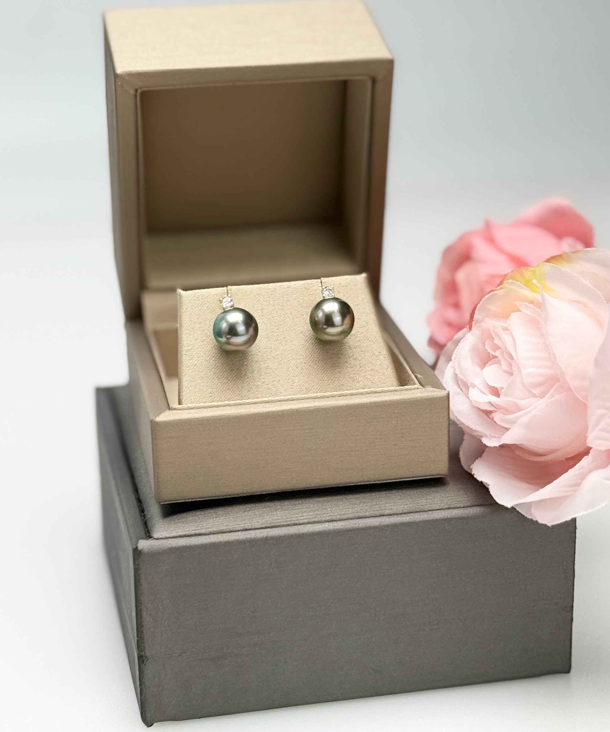 18K Solid Gold Tahitian Peacock Green Pearl Earrings | Princess Diana Design.