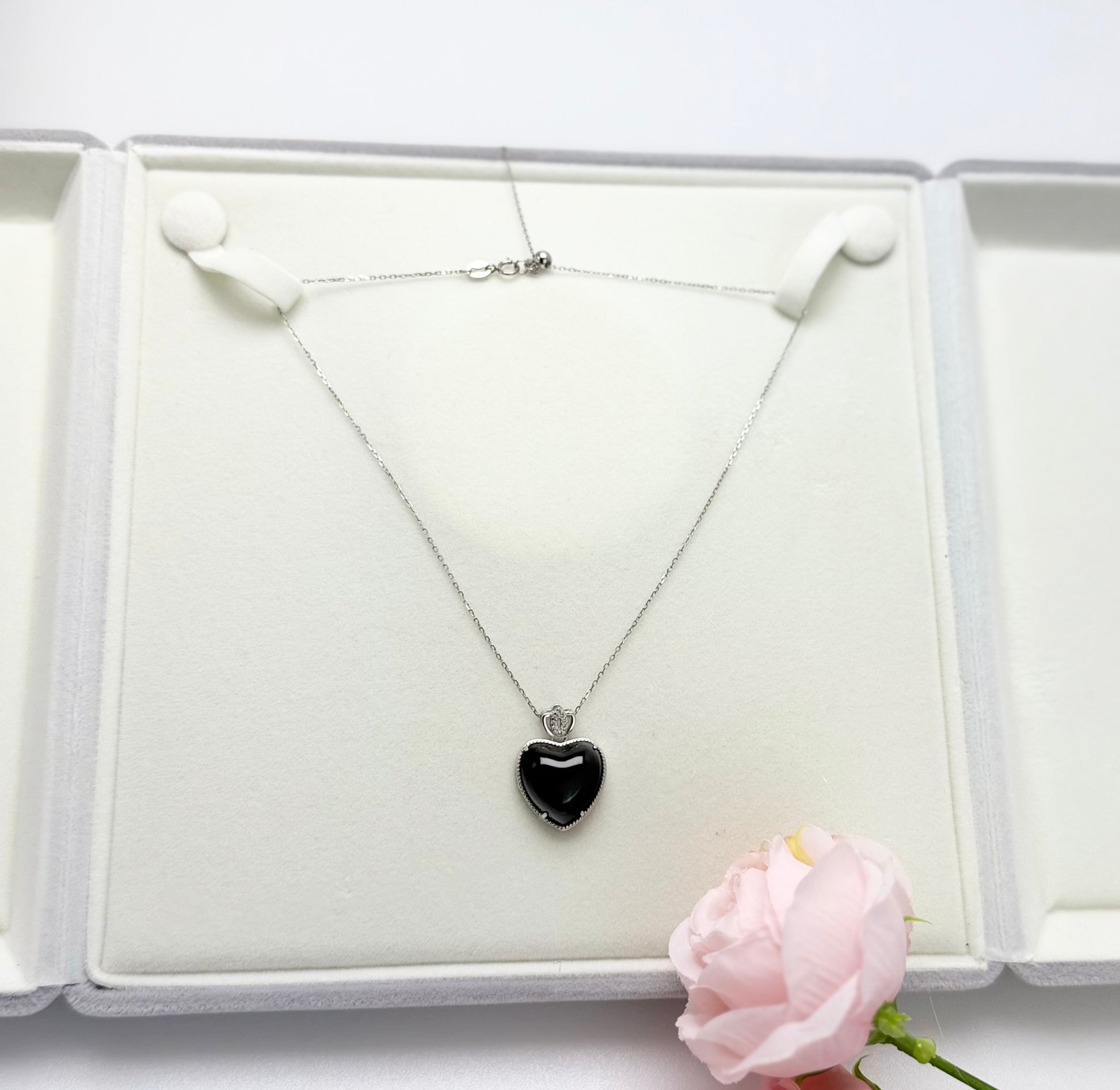 Natural Grade A Heart-Shaped (Mo Cui) Jadeite Pendant with Crown Accent.