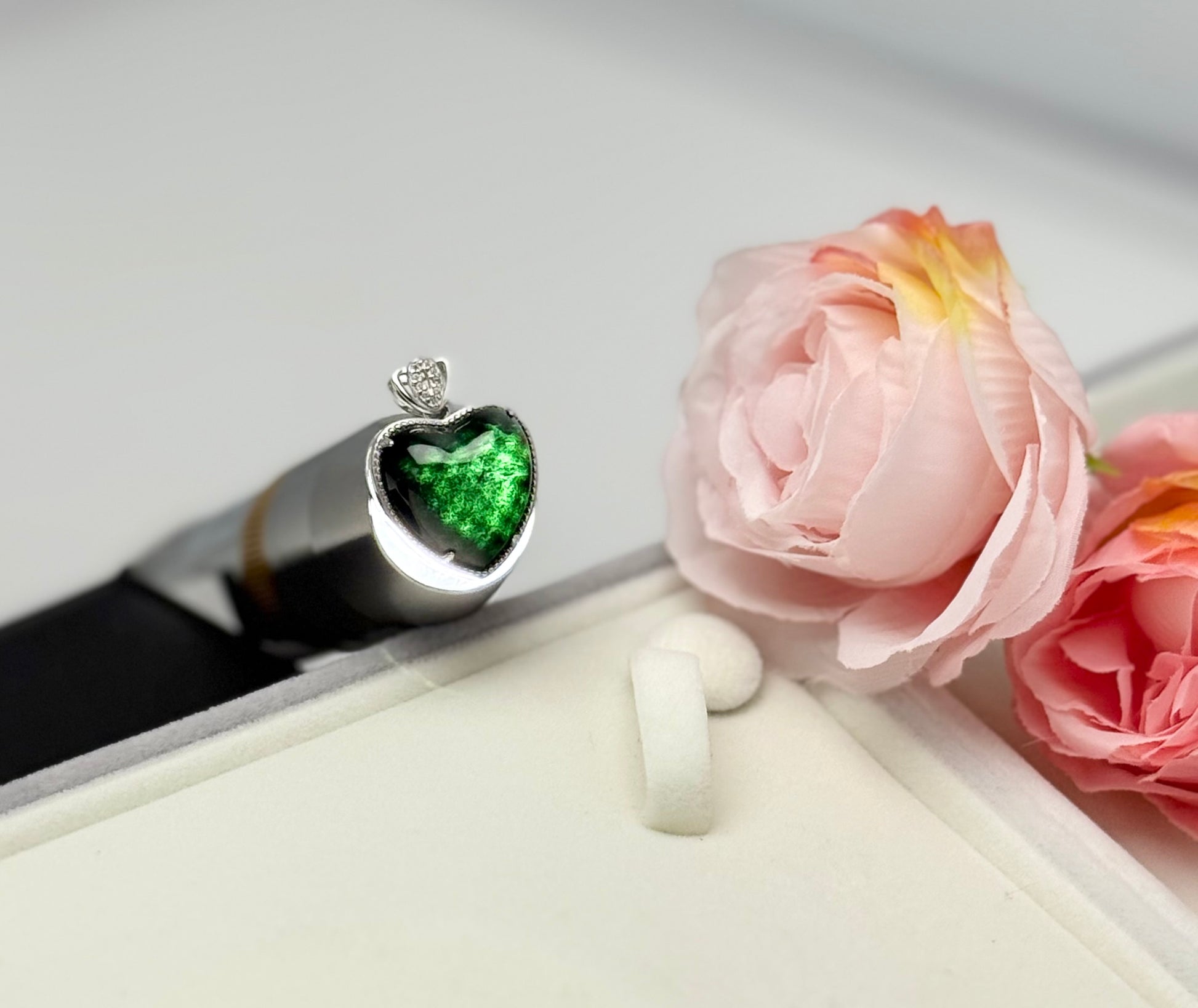 Natural Grade A Heart-Shaped (Mo Cui) Jadeite Pendant with Crown Accent.